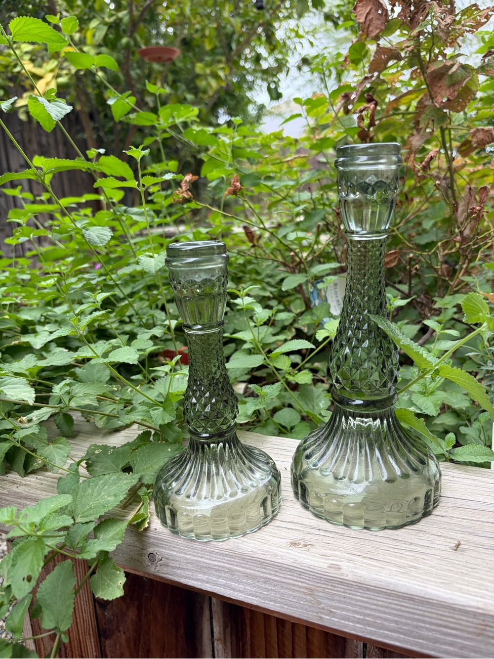 Source Unknown Green Pressed Glass Candlestick Holders - Set of 2